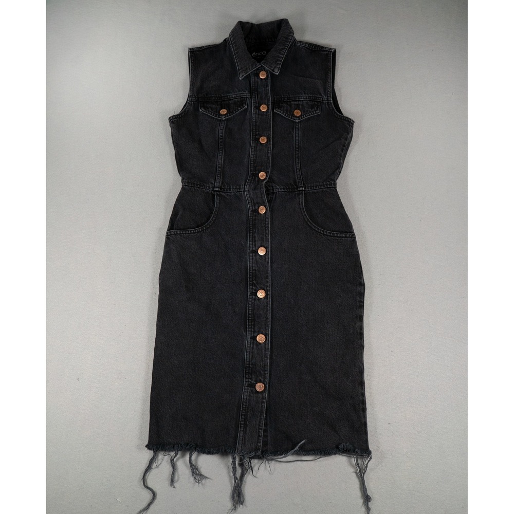 Etica Womens Denim Dress Sleeveless Button Front Frayed Hem Black XS Grunge